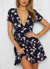 Beautiful Black Floral V Neck Short Sleeve Ruffle Mini Wrap Dress Spring Summer Short Summer Dresses Fashion Short Sleeve Summer Dresses