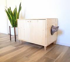 Cat Litter Box Cover Pet Furniture Cat House Modern Litter Box Cabinet Made Of Spruce Wood With Double Door Opening And Side Entrance Litter Box Furniture Litter Box Covers Hiding Cat