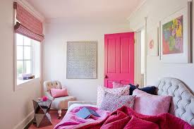 Pink and gray bedroom features a gray tufted headboard on bed dressed in gray striped shams and a pink trellis pillow in kelly wearstler imperial trellis fabric flanked by small veneer nightstands and pink double gourd lamps, safavieh jill double gourd lamps. Pink And Gray Bedrooms Design Ideas