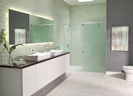 Aqua Glass Shower Door With Beach Style Bathroom And Backlit Mirror Brown Countertops Dual Sinks Frosted Glass Shower Door Gray Wall Green Subway Tile Sliding Glass Door Finefurnished Com