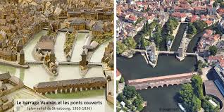 Sur les deux pointes situées devant les tours des ponts couverts, et en aval du barrage vauban, on peut voir deux séries d'embrasures situées très près du niveau de l'eau ; Musee Des Plans Reliefs Na Twitteru Que Sont Ils Devenus Deja Presents Sur Notre Planrelief De Strasbourg Du 19e Siecle Le Pont Ecluse Dit Barrage Vauban La Majorite Des Ponts Et Tours Du