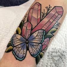 Butterfly And Rose Quartz Tattoo Quartz Crystal Tattoo Traditional Butterfly Tattoo Crystal Tattoo