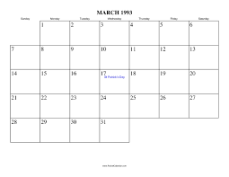 Yearly calendar showing months for the year 1993. March 1993 Calendar