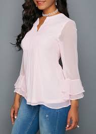 Flare Sleeve Split Neck Light Pink Blouse Trendy Tops For Women Trendy Tops Trendy Clothes For Women