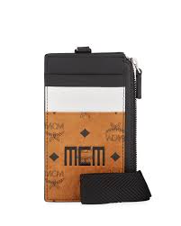 This card case from mcm features 6 card slots, center slip pocket and a big logo typographic. Mcm Men S Mixed Visetos Name Tag Card Case Neiman Marcus