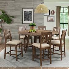 Bernard 7 Piece Counter Height Square To Round Dining Set Dining Room Furniture Sets Brown Dining Room Set Round Dining Set