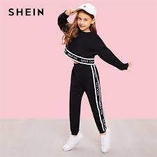 Shein Black Girls Lettering Trim Casual Pullover And Pants Set Kids Clothing 2019 Spring Active Wear Long S Kids Outfits Girls Girls Outfits Tween Kids Outfits