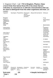 Solved 4 Organism Chart Lab 1 Fill In Kingdom Phylum C