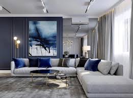 Luxury Blue And Grey Living Room Decor With Blue Abstract Art Work And Grey Cozy Sectional In 2020 Blue Living Room Decor Living Room Decor Gray Big Living Room Decor