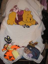 Model stitched on a 16 ct. Pooh Cross Stitch Afghan Blanket Took A Lot Of Time But Was Gorgeous When Complet Baby Blanket Crochet Pattern Crochet Blanket Patterns Crochet Knit Blanket