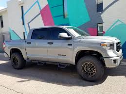 We utilize kings's larger 3.0 series front coilovers with compression adjusters. King Front And Rear Suspension Toytec Leaf Spring And Diff Drop Camburg Upper Kinetic Control Arms 18x9 Method 309 M Tundra Trd Toyota Tundra Trd Toyota Tundra
