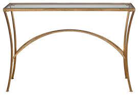 Distressed look of its white finish accentuates the historical furniture influenced design. Minimalist Gold Arch Console Table Metal Glass Top Hall Entry Contemporary Console Tables By My Swanky Home Houzz