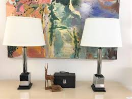 Mid Century Modern Vintage Chrome and Black Pedestal Table Lamps With  Shades