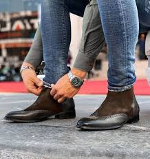 Two Tone Black And Brown Boots Outfit Men S Black Brown Wing Tip Brogue Chelsea Leather Suede Boot Brown Chelsea Boots Dark Brown Chelsea Boots Suede Leather Boots