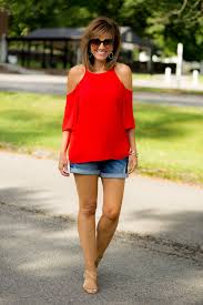 Red Top Denim Shorts Cyndi Spivey Clothes For Women Fashion Street Style Outfit