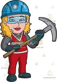 A Happy Female Miner At Work Red Pants Red Vest Grey Shirt