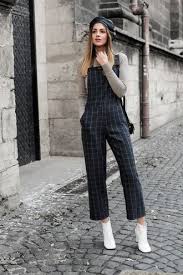 Black Ankle Boots Outfit Tumblr Pants Grey Top Beret Tumblr Checkered Pants Cropped Pants Boots Ankle Boots White Boots Top Overalls Dungarees H In 2020 Fashion White Boots Outfit Street Style Outfit