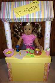 Ag Lemonade Stand Made From Cardboard Boxes Wrapping Paper Tubes American Girl Doll Diy American Girl Crafts American Girl Doll Crafts