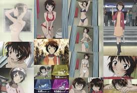 ayase takako, midori no hibi, anime screenshot, highres, 00s, 1girl, arms  up, bikini, blush, breasts, brown eyes, brown hair, collage, exercising,  hachimaki, headband, heart, lipstick, makeup, medium breasts, pantyhose,  scarf, see-through clothes,