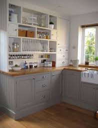 Country Style Kitchen Grey Blue And White With Wooden Bench Top Kitchen Design Small Kitchen Design Kitchen Cabinets