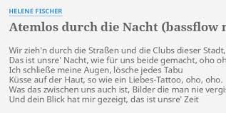 Auf discogs können sie sich ansehen, wer an 2013 cdvon atemlos durch die nacht mitgewirkt hat, rezensionen und titellisten lesen und auf dem marktplatz nach der veröffentlichung suchen. Atemlos Durch Die Nacht Bassflow Main Radio Video Mix Lyrics By Helene Fischer Wir Zieh N Durch Die