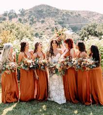 An Autumnal Boho Wedding With Rust Bridesmaids Dresses Spicy Fall Florals And Copper Details Green Wedding Shoes Fall Bridesmaid Dresses Orange Bridesmaid Dresses Rust Bridesmaid Dress