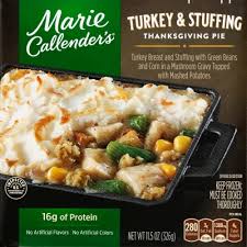 Marie callender's steak & roasted potatoes combines tender beef in a savory mushroom gravy with roasted red potatoes and delicious green beans. Marie Callender S Turkey Stuffing Thanksgiving Pie Frozen Meal 11 5 Oz Food 4 Less
