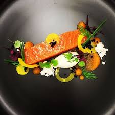 Salmon Fish With Carrot Puree Baby Greens And Lemon Sorbet On Feedfeed Fine Dining Recipes Salmon Fish Food Plating
