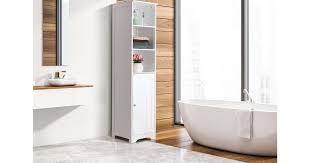 With the average height of a vanity countertop sitting at just 32 inches, it's no surprise that tall people are not too fond of spending hours in front of the bathroom mirror. Ovela Olivia Tall Bathroom Cabinet White Matt Blatt