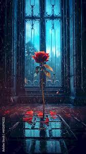 A red rose standing in the rain near a window in a dark gloomy building.  Generative AI. Stock Illustration | Adobe Stock