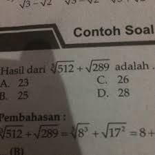 Hitung akar pangkat n dari x. Hasil Dari 512 Akar 3 Ditambah Akar 289 Brainly Co Id