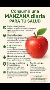 🍎 Beneficios de comer una manzana al día 1. Mejora la digestión • Gracias a su alto contenido en fibra (pectina), ayuda al tránsito intestinal y previene el estreñimiento. 2. Cuida el corazón • ...