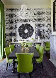 Black And White Dining Room With Lime Green Chiars Black And White Printed Wallpaper Crystal Green Dining Room Black And White Dining Room White Dining Room