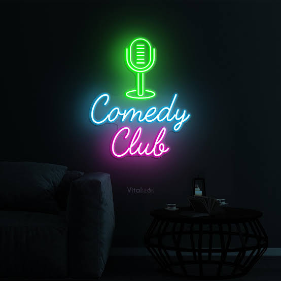 The iconic glow of a comedy club stage, do AI tạo