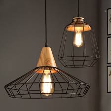 Industrial Loft Geometric Black Metal Cage Single Light Wood Art Pendant Light Pendant Lights Ceiling Lights Lighting