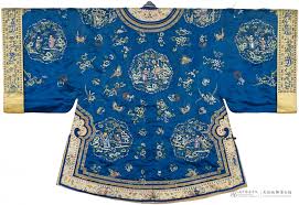 民族服饰 汉族 蓝色缎五彩绣十二团窠人物纹广袖女袄 mens tops men casual down shirt