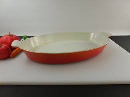 Descoware Belgium Vintage Cookware Flame Au Gratin Pan Cast Iron Enamel 13 34cm Red Orange Vintage Cookware Au Gratin Red Orange