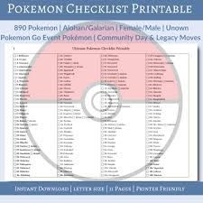 Instant Download Printer Friendly Pokemon Checklist 890 Pokemon Alohan Galarian Female Male Unown Pokemon Go Event Pokemon In 2020 Pokemon Go Checklist Pokemon
