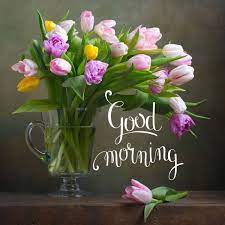 Beautiful breakfast, vintage card, top view cup of coffee, pink tulip flowers and note good morning on blue table top view. 79 Good Morning Images With Flowers Have A Beautiful Day Good Morning Friends Images Good Morning Cards Good Morning Flowers