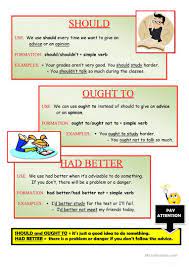 Had better is used to give advice about specific things (use should for general advice). Pin Auf Education