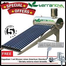 Umumnya terdapat 4 brand water heater tenaga surya yang banyak digunakan oleh konsumen di indonesia, yaitu solahart, ariston, sunhot, dan wika. Jual Terranova Hot Promo Solar Water Heater Pemanas Air Tenaga Surya 100 Liter Teknologi Terbaru Heat Exchanger Free Shower American Standard Di Lapak Kamarmandiku Bukalapak