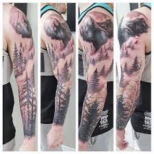 Forest Mountain Landscape Half Sleeve Tattoo Blue White Top Grey Pants In 2020 Nature Tattoo Sleeve Sleeve Tattoos Tattoo Sleeve Men