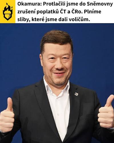 Předseda SPD Tomio Okamura hájí dnešní přednostní projednání návrhu na zrušení televizních a rozhlasových poplatků jako plnění volebních slibů. Koalice ANO, SPD a Motoristů chce současný systém nahrad