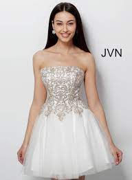 White and gold short dress. Jvn63635 Dress Off White Gold Short Fit And Flare Strapless Party Dress