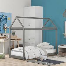 euroco twin wood house bed frame with roof for toddler kids gray walmart com house frame bed house beds for kids kids bed design