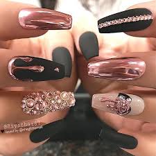 Black And Rose Gold Nails Coffin Theglitternail Get Inspired On Instagram Matte Black Ivory Rosegold Chrome And Crystals On Coffin Almond Nails Designs Gold Nail Art Chrome Nail Art