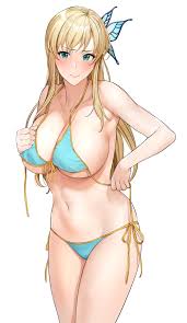 hiyashi mirano, kashiwazaki sena, boku wa tomodachi ga sukunai, highres,  1girl, adjusting clothes, adjusting swimsuit, aqua eyes, bikini, blonde  hair, blush, breasts, bug, butterfly, butterfly hair ornament, cleavage,  hair ornament, hairpin, halterneck,