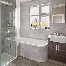 Modern Grey Bathroom Makeover With Separate Shower And Bath Small Bathroom Layout Small Bathroom With Bath Narrow Bathroom