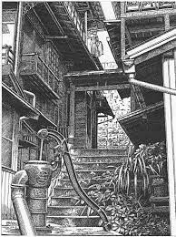 細密ぺん画アート 菊坂下の古井戸 細密ぺん画家 杉山八郎 浩一のスギヤマ アートルーム ギャラリーショップ アーバンスケッチ 建築設計図 建物 イラスト