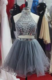 Halter Neck 2 Pieces Short Tulle Cocktail Dresses Above Knee Women Party Dresses For Homecoming Tulle Homecoming Dress Backless Prom Dresses Grey Prom Dress